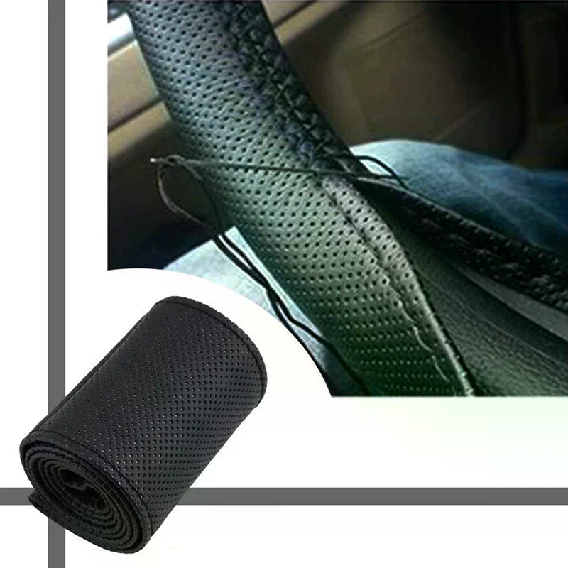 New Car Truck Leather Steering Wheel Cover With Needles and Thread Black DIY