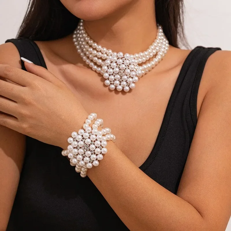 

New Multi-layer Imitation Pearl Chain Big Flower Bride Necklace and Bracelect for Women Elegant Fashion Wedding Jewelry Sets