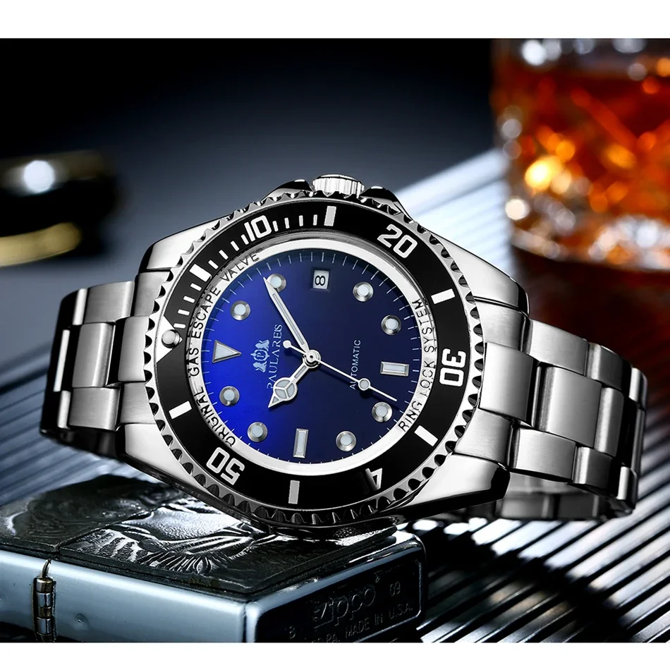 Men's Automatic Watch Mechanical Self Wind Movement Stainless Steel Gradient Black Blue Dial Date 45mm Wristwatch