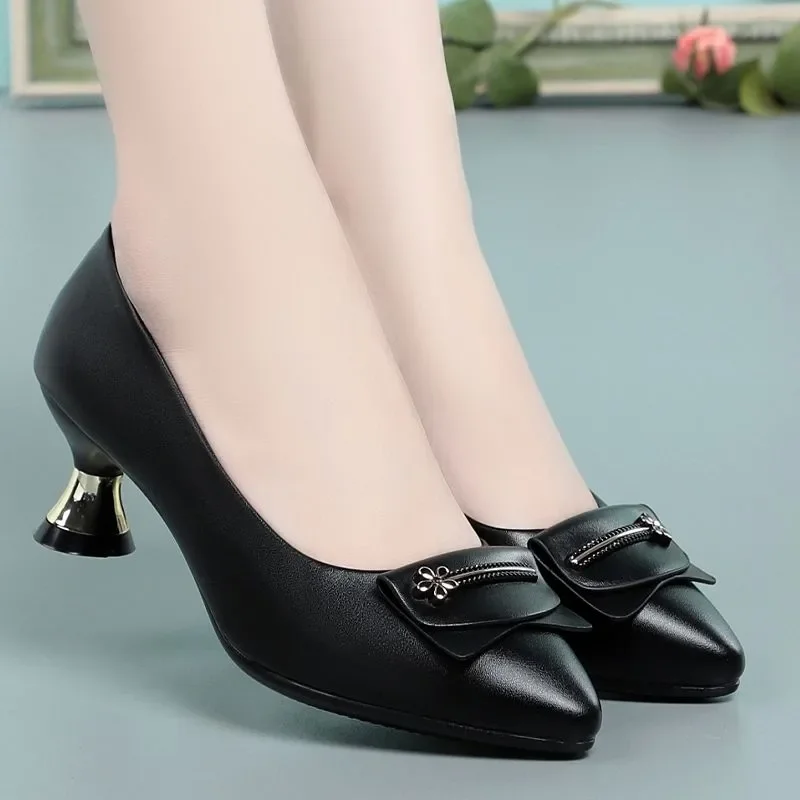 Women Fashion Plus Size High Quality Black Leather Slip on Stiletto Heel Shoes Lady Casual Comfort Office & Party Heel Pumps A96