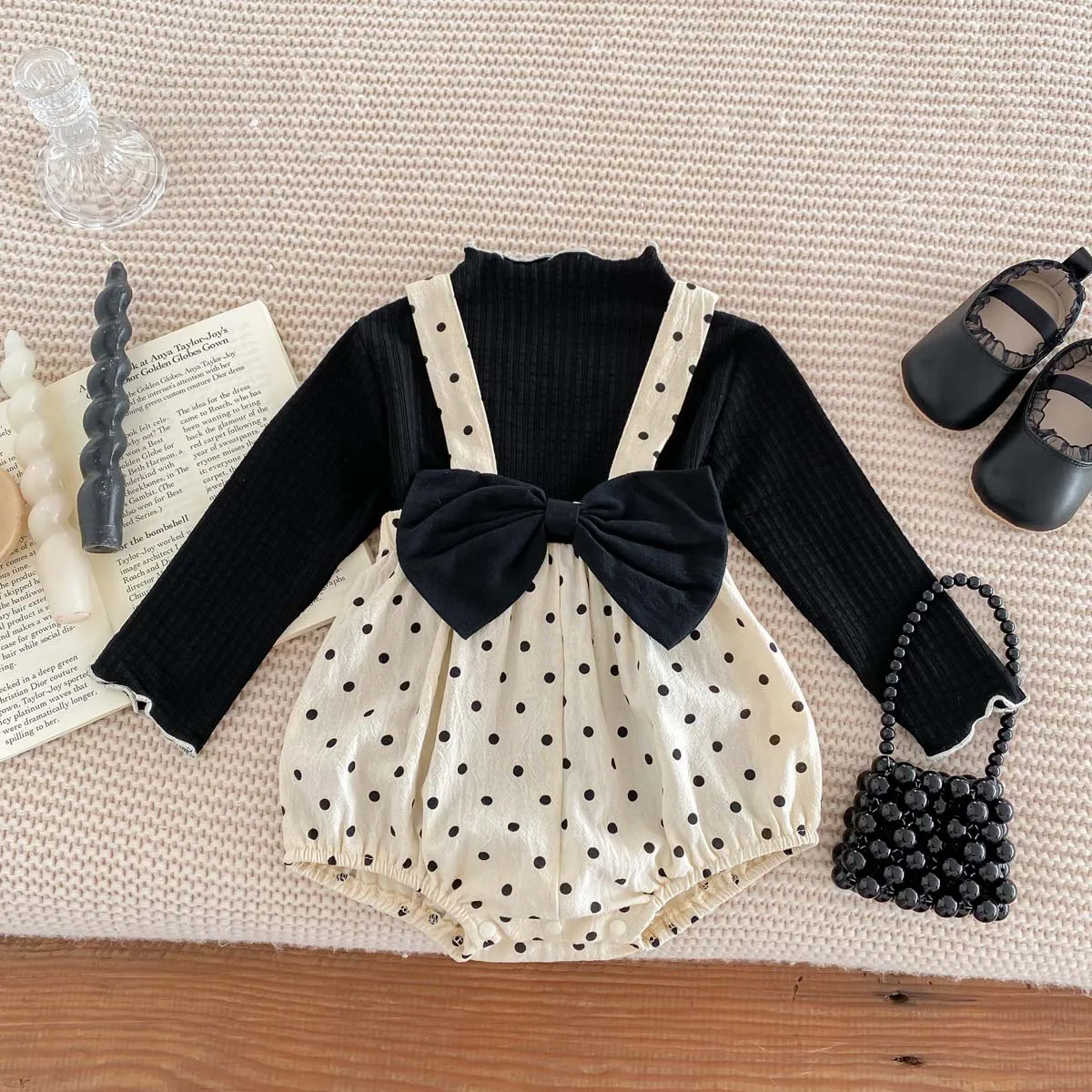 

2-piece Baby's Bow Polka Dots Pattern Suspender Overall Skirt + Ribbed Long Sleeve Top, Toddler & Infant Girl's Clothing Set For