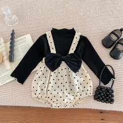 2-piece Baby's Bow Polka Dots Pattern Suspender Overall Skirt + Ribbed Long Sleeve Top, Toddler & Infant Girl's Clothing Set For