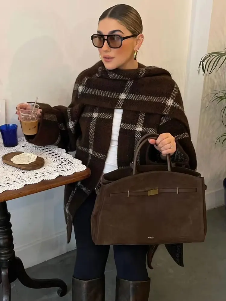 

HH Autumn Women Plaid Knit Scarf Collar Cardigan Coat Long Sleeve Oversize Jacket With Pockets Fashion High Street Lady Clothing