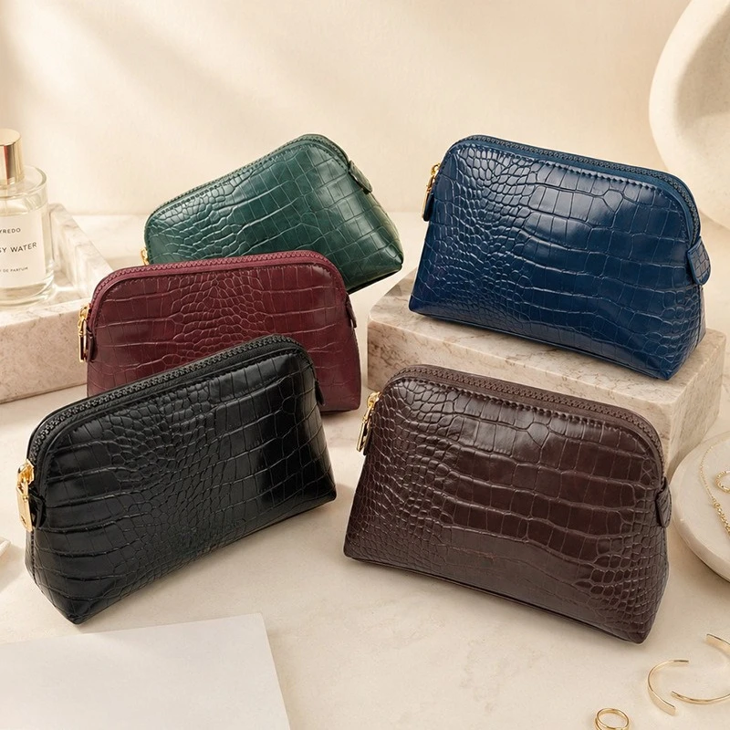 Crocodile Leather Pattern Cosmetic Bag Zipper Woman Vintage Shell Travel Make Up Bag Diy Gift Pouch