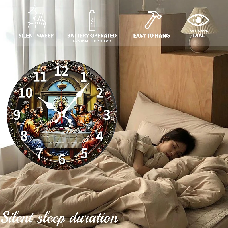 ساعة حائط معلقة خشبية مستديرة صامتة من The Last Supper، مناسبة لغرفة المعيشة والمكتب وغرفة الدراسة وغرفة النوم وديكور المنزل #4
