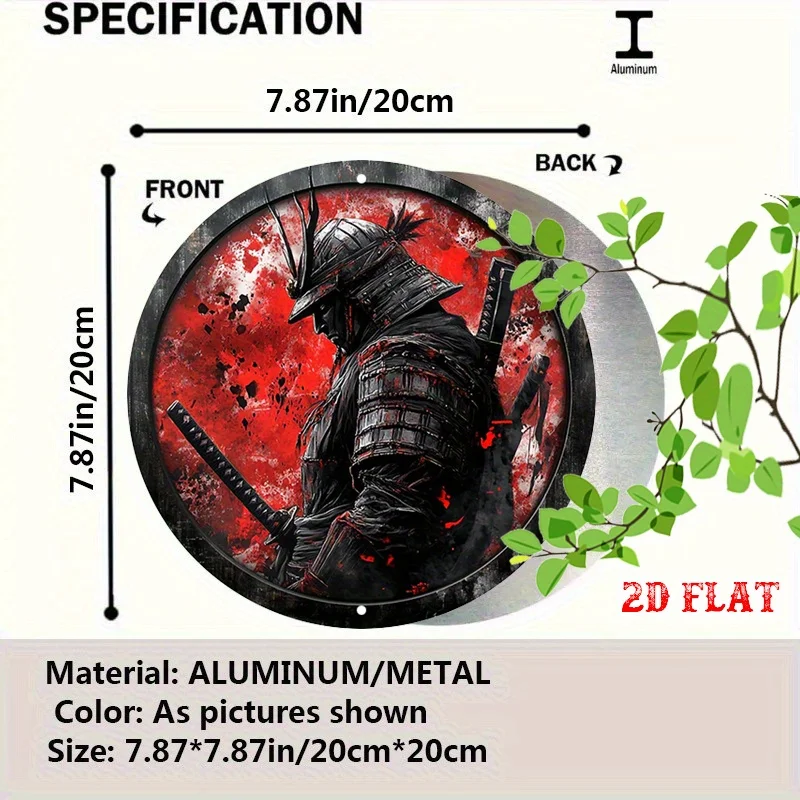 2D Flat Vintage Aluminum Round Samurai Warrior Wall Sign, Red Black Japanese Armor Sword Design for Home Cafe Decor
