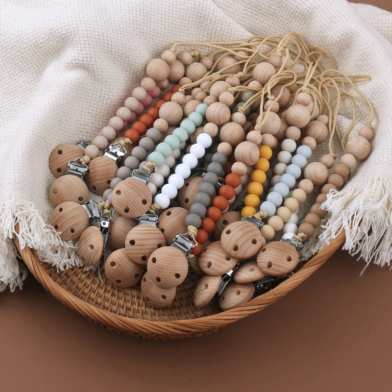 Baby Pacifier Clips BPA Free SIlicone Beads Beech Wood Beads Dummy Nipple Holder Clip Newborn Infants Pacifier Chain  Accessory