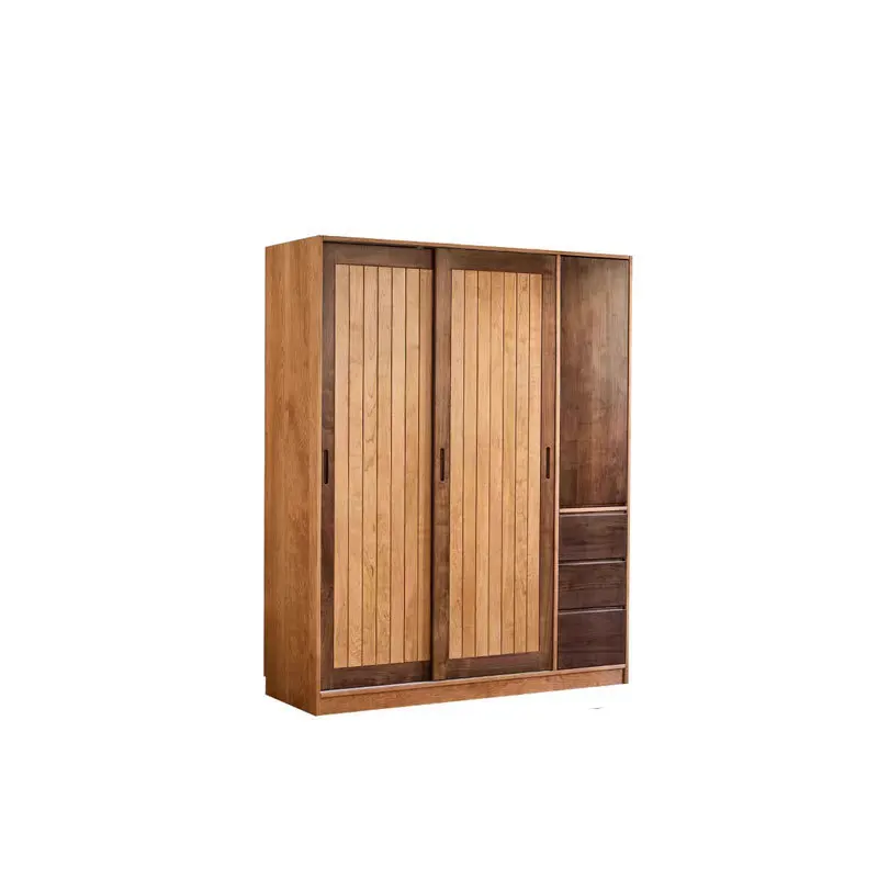 Solid wood sliding door wardrobe Chinese simple modern log wardrobe home bedroom storage