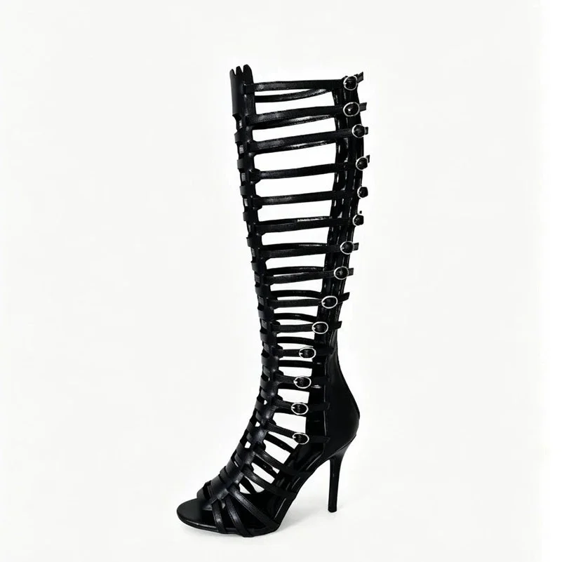 Women Peep-Toe Gladiator Knee High Stiletto Boots Multi Horizontal Cutout Straps with Side Metal Buckle Closure Gothic Footwear