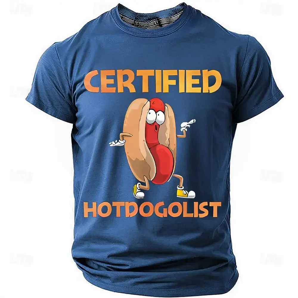 

Men's Summer Breathable and Comfortable T-shirt Paired with Fun Dance Hot Dog Pattern Round Neck Short Sleeved Casual Top