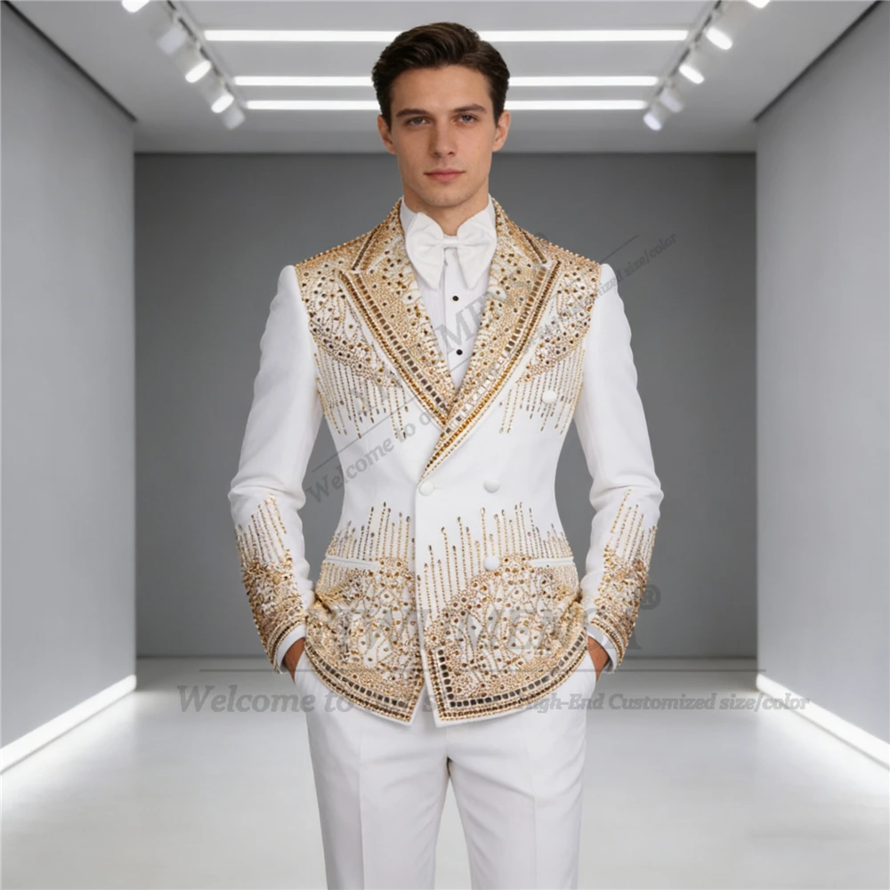 

Luxury Jewelry Stones Ornament Suit Men 2 Piece Double Beasted Prom Blazers Customized Man Banquet Groom Wedding Tuxedos Attire