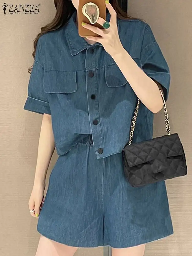 ZANZEA Vintage Denim 2PCS Pant Sets 2024 Summer Women Fashion Short Sleeve Lapel Neck Shirt Shorts Set Korean Blue Shorts Suits