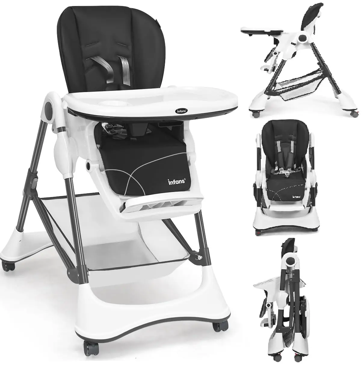 High Chair with One-Hand Removable Tray, 4 Lockable Wheels & Large Storage Basket - Multi-Adjustable Height,