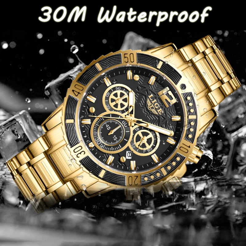 LIGE 2023 New Fashion Gold Watch For Men Casual Business Mens Watches Top Brand Luxury Chronograph Quartz Military Wristwatch