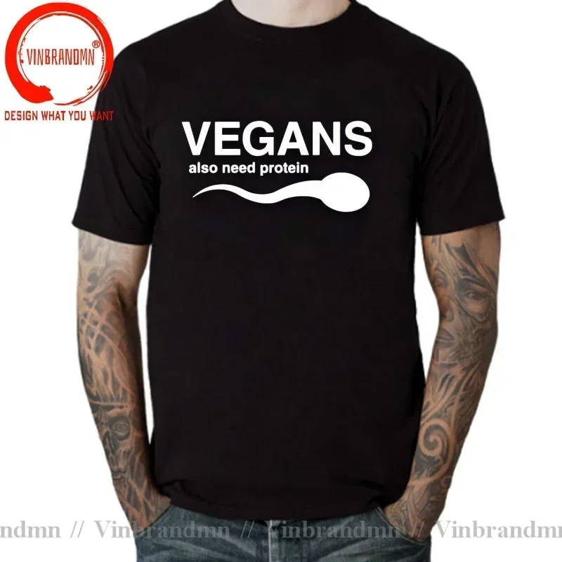 Funny Vegans T Shirts Vegans Also Need Protein Men's White T Shirt Slogan Letter Print White Tshirts 3D Vegetable Vegetarianism