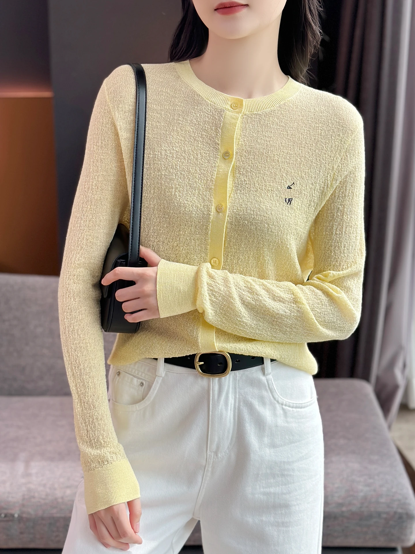 

Тонкий классический вязаный льняной кардиган ZuoZuoJia с вышивкой, прямой крой, длинный рукав, женский вязаный свитер