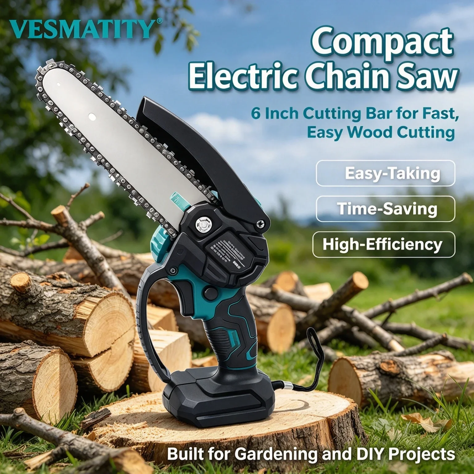 Vesmatity Cordless Portable Mini Electric Chainsaw 6 Inch Logging Sawzall Handheld Woodworking Tool 18V 20V Max Kit