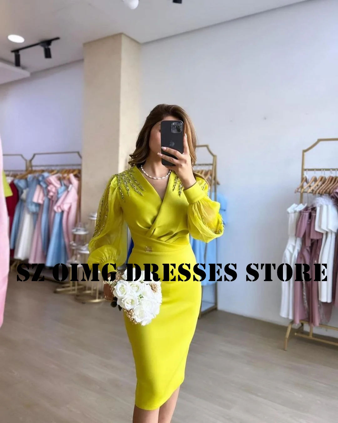 OIMG New Design Satin Customized Beads Prom Dresses Arabic Women Ruched Sheath Puff Sleeves Green  Gowns Formal Party Dress