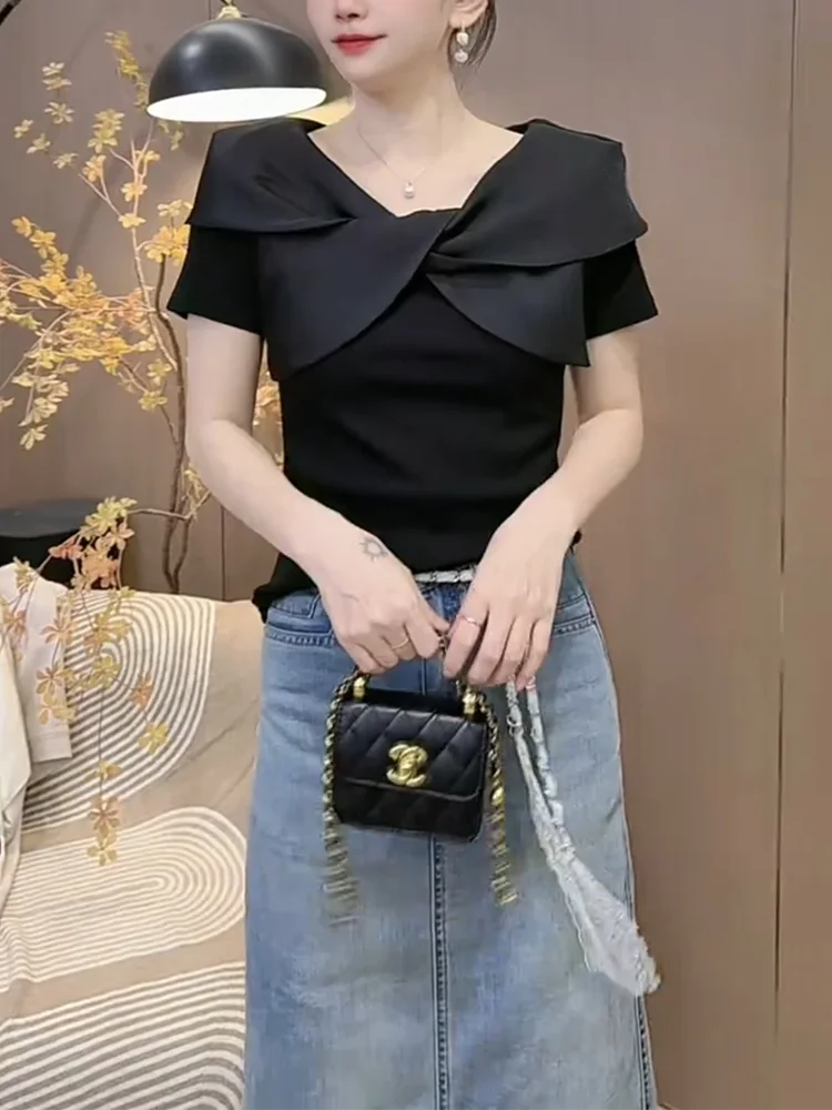 

Ele Splice ort Sve T-irt Faionable Korean Sle Commute Wind Knot Slim Fit Summer New Arrival Big Size