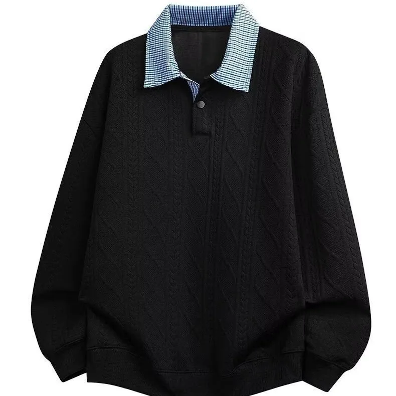 Striped shirt collarless double t-shirt men's 2026 autumn new style Korean-style loose and relaxed comfortable leading collar to