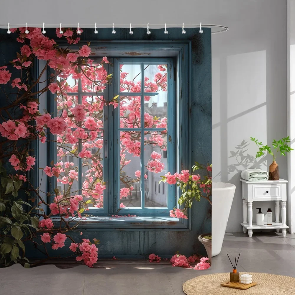 Vintage Window Door Garden Pink Rose Floral Shower Curtain Green Vine Brick Wall Scenery Multi Style Waterproof Fabric Bathroom