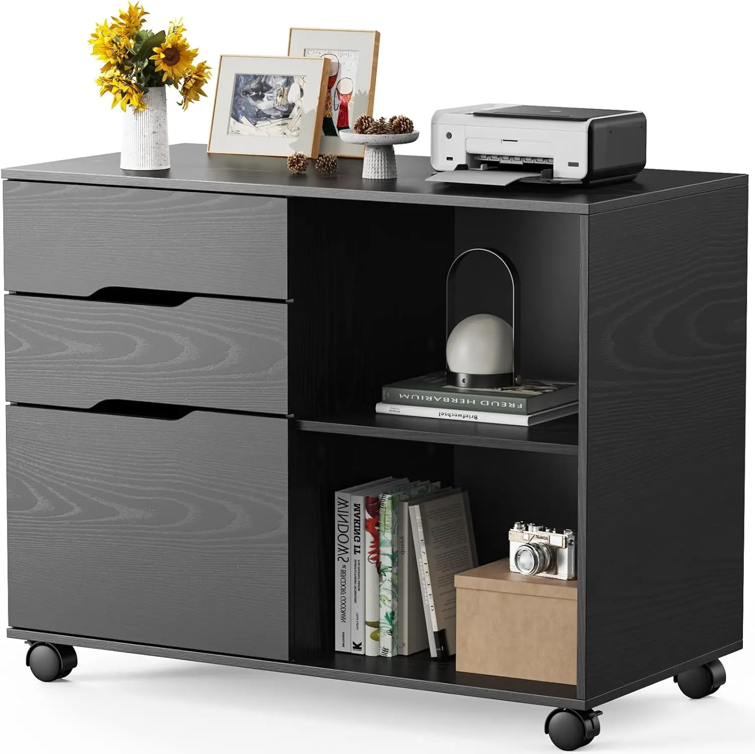 3-Drawer File Cabinet, Lateral Mobile Filing Cabinet Wood Storage Organizer with Wheels, Printer Stand & Open Shelves - Black