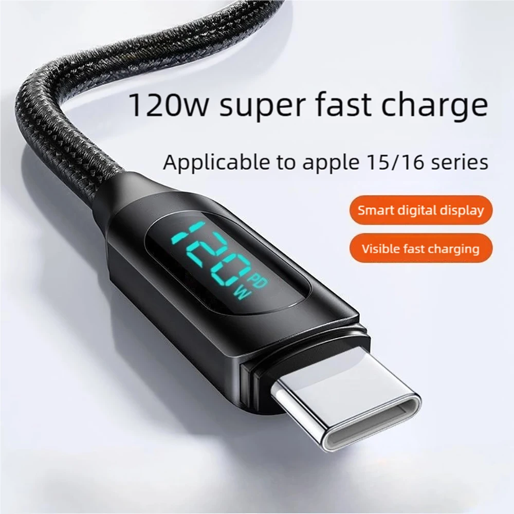 120W Type C Fast Charging Data Line with Real-time Digital Power Screen PD Charger Cable USB-A & Type-C for Mobile Phones Laptop