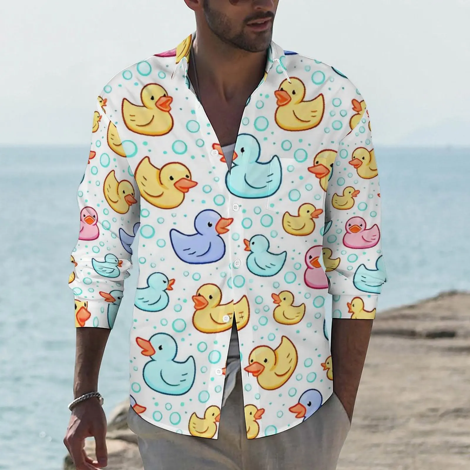 

Colorful Rubber Ducks Shirt Male Casual Shirts Spring Stylish Custom Blouses Long Sleeve Trendy Oversized Clothing Gift Idea