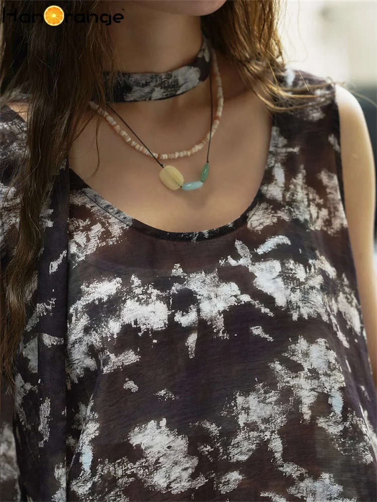 HanOrange Summer Lyocell women Flower Print Tank Lightweight Transparent Dry Comfortable Sleeveless Top