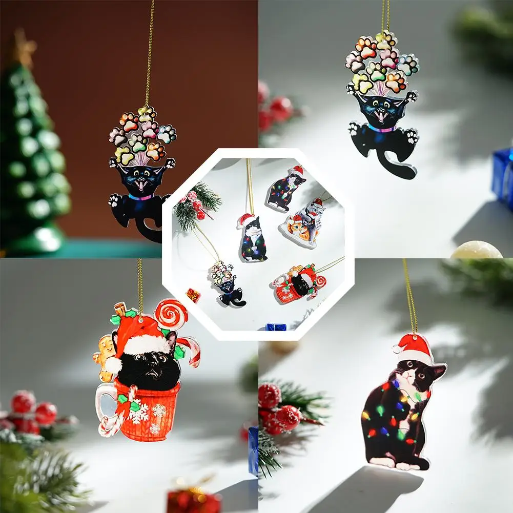 Cute Christmas Cat Ornament Acrylic Flat Printing Cats Pendant Party Supplies Crafts Funny Xmas Home Creative Tree Hanging A5Z7