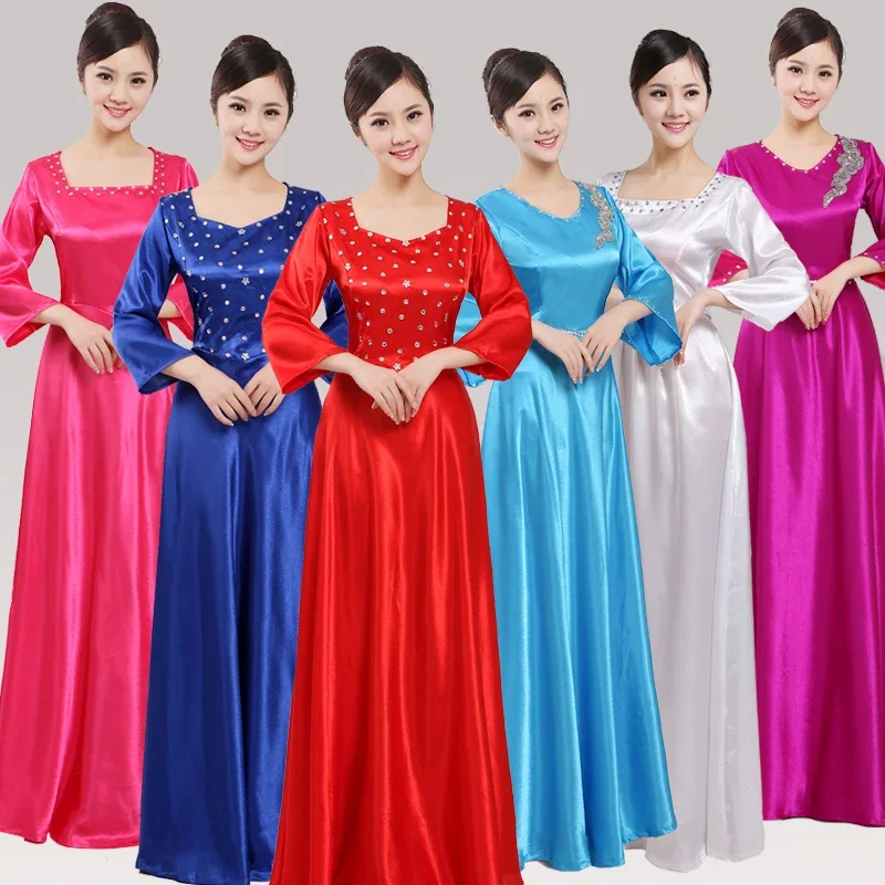 Women Sequined Adult Chorus Performance Costume O-Neck Long Recitation Chorus Ensemble Welcome Ceremony Stage Performance Dress