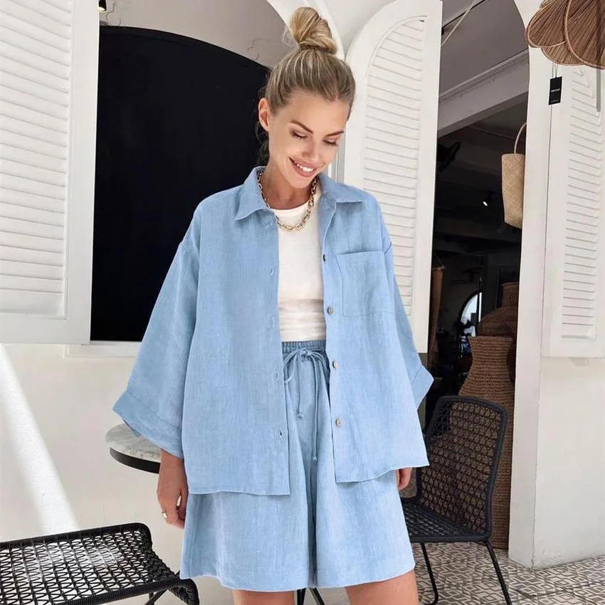 NHKDSASA Women's Home Clothes Loose Pajamas Nightwear 2 Piece Sets Blue Cotton Sleepwear Female Casual Suits With Shorts Summer