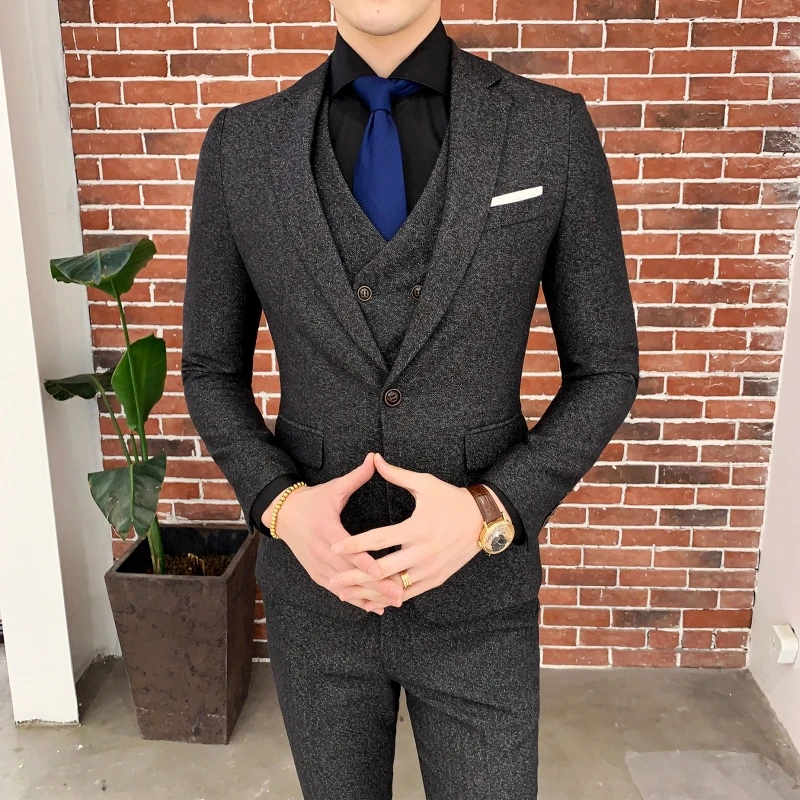 High-quality Men Slim Fashion Banquet Groom Single Button (suit + Vest +trousers) Business Handsome Leisure Suit Three-piece Set