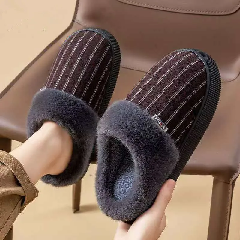 2026 شباشب قطنية رجالية للشتاء والخريف للاستخدام المنزلي الداخلي مضادة للانزلاق مخططة قطيفة دافئة وناعمة نعال قماش 40-47 #1