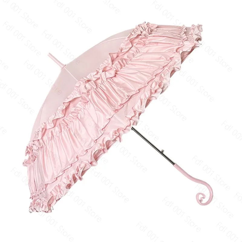 Pink Lolita Heart Princess Umbrella with 8 Bones Thickened Lace Long Handle High Value Cosplay Tool for Creative Girls