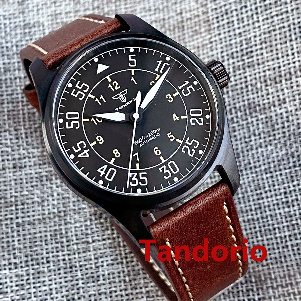 Tandorio 39mm Sapphire Glass Black PVD Case 20ATM Waterproof Japan NH35A Pilot Diving Military Men Watch Luminous Leather Strap