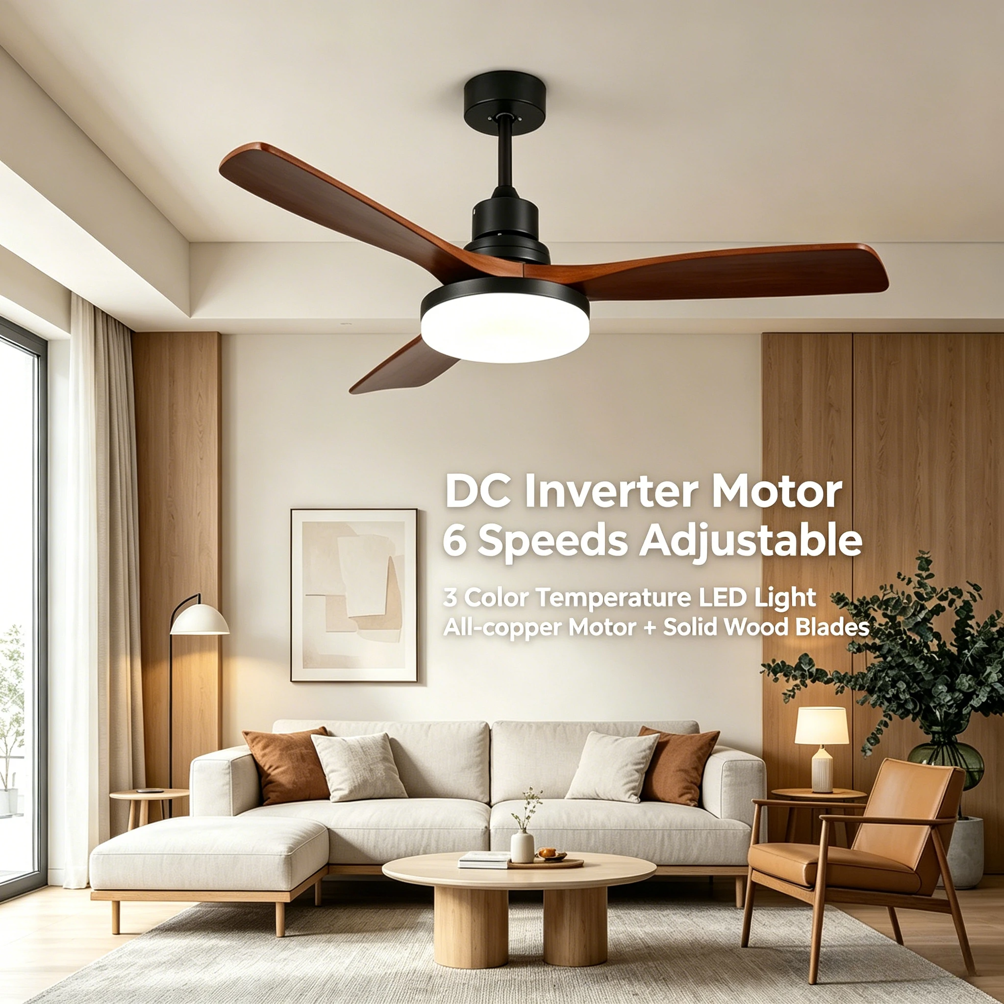 48-inches 3 Blades Wood Ceiling Fan with Light DC Motor 6 Speed LED Chandelier Remote Control For Living Room Bedroom