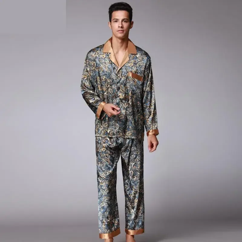 Pyjama de Luxe en Satin à Motif Paisley pour Homme, Vêtements de Nuit à Manches sulf, Ensemble de Grande Taille 4XL, Nouvelle Collection