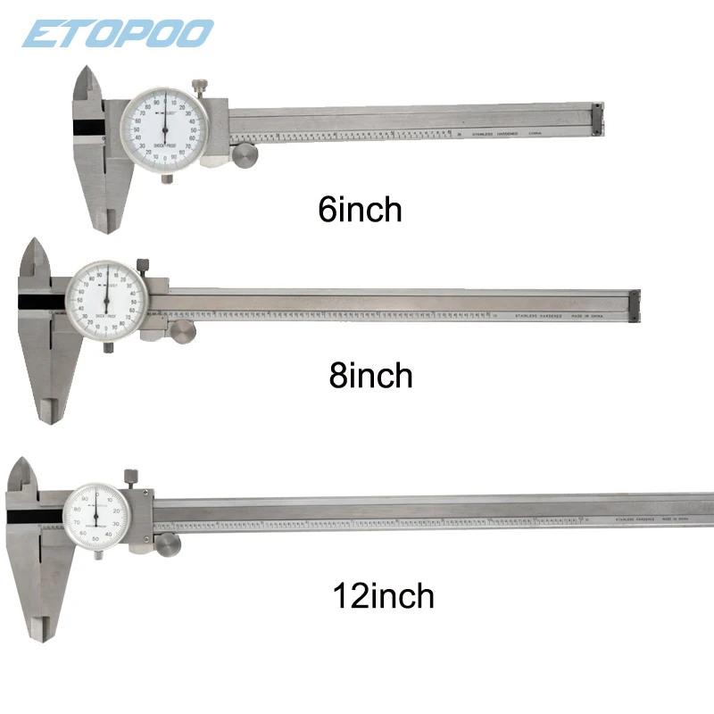 Industrial Tools 0-6/8/12 Inch 0.001' Shock Proof Stainless Steel Body Dial Vernier Caliper SAE Measuring Tool with Box