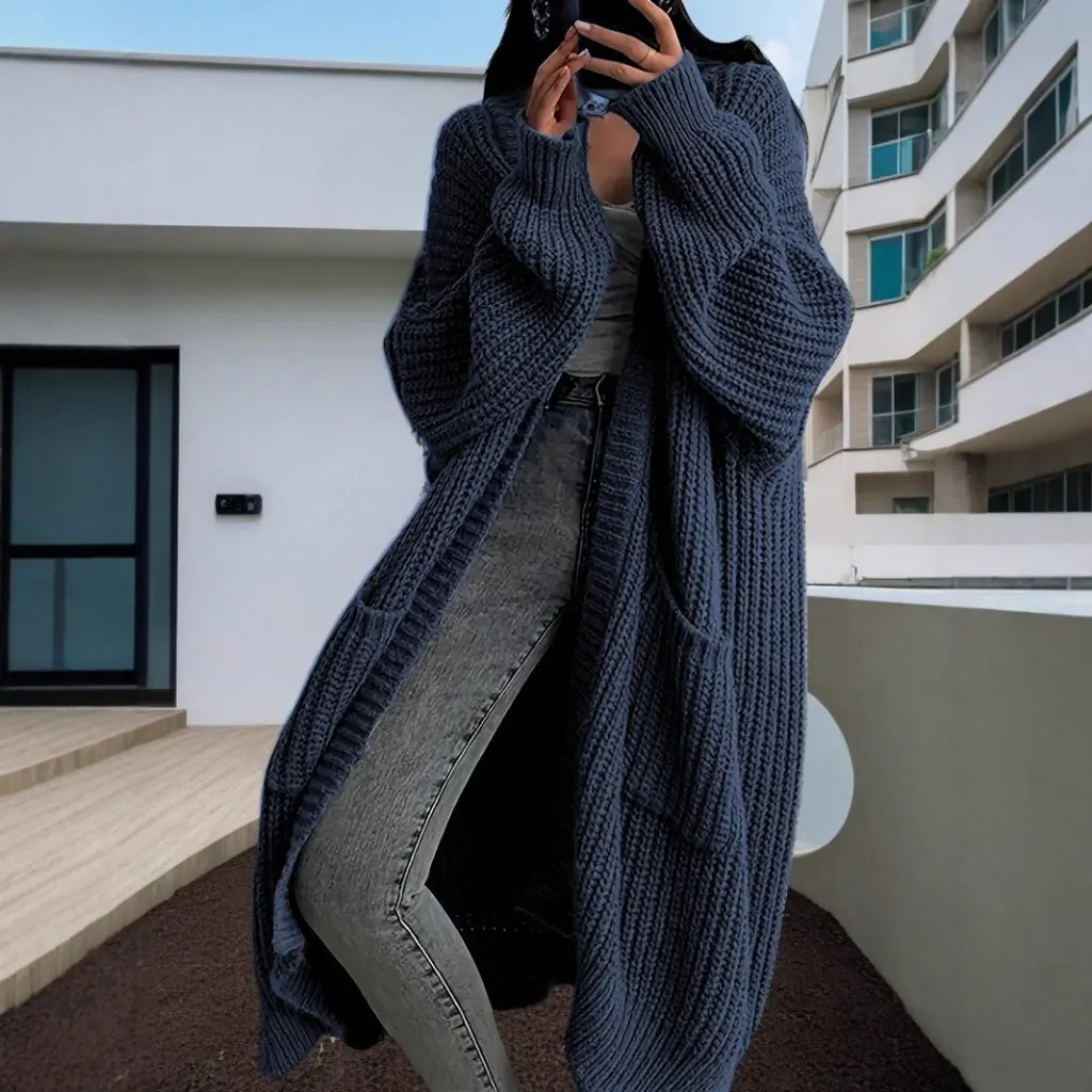 Kardigan Rajut Lengan Panjang Wanita dengan Kancing Depan Terbuka Warna Polos Pakaian Luar Kasual Mantel Panjang Sedang Gaya Baru