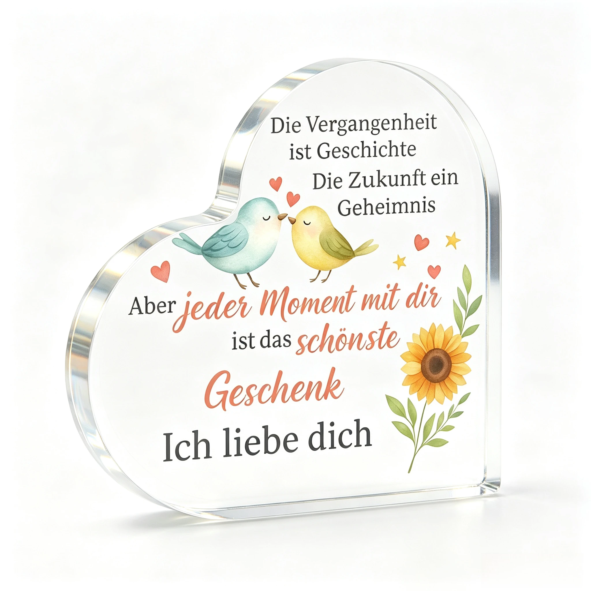 German Love Quote Heart‑Shaped Acrylic Plaque Watercolor Bird Sunflower Romantic Desktop Decor Ich liebe dich Heart Acrylic Stand, Sweet Couple Bird Sunflower German Sentiment Keepsake Gift