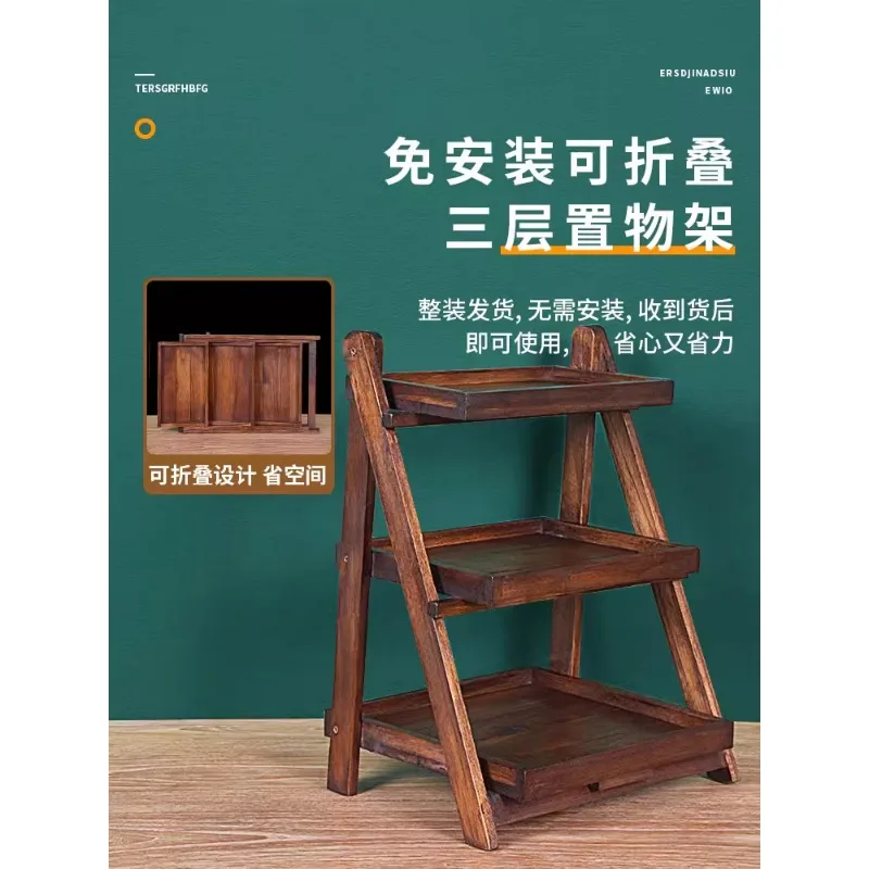 Teak folding rack free installation bathroom bathroom kitchen floor wooden storage rack household solid wood shelf