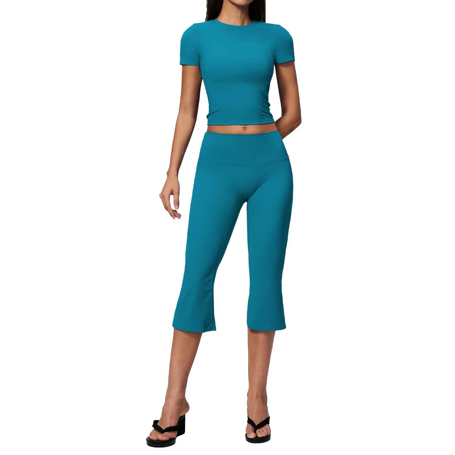 Women 2 Piece Yoga Set Short Sleeve Crop Top High Waist Capris Flare Pants Fitness Gym Activewear Sportswear Pilates
