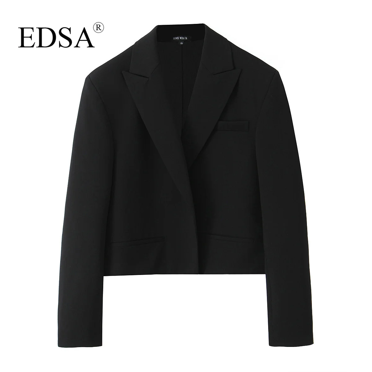 EDSA Women Vintage Cropped Blazer Jacket for Office Lady Long Sleeve Turn-down Collar for Female Casual Coat Outerwear