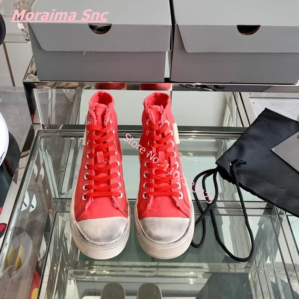 Sneakers da donna in tela di nuovo stile stringate con punta tonda Comfort Design Fashion Vintage Retro Red Solid coppia scarpe piatte con 2024