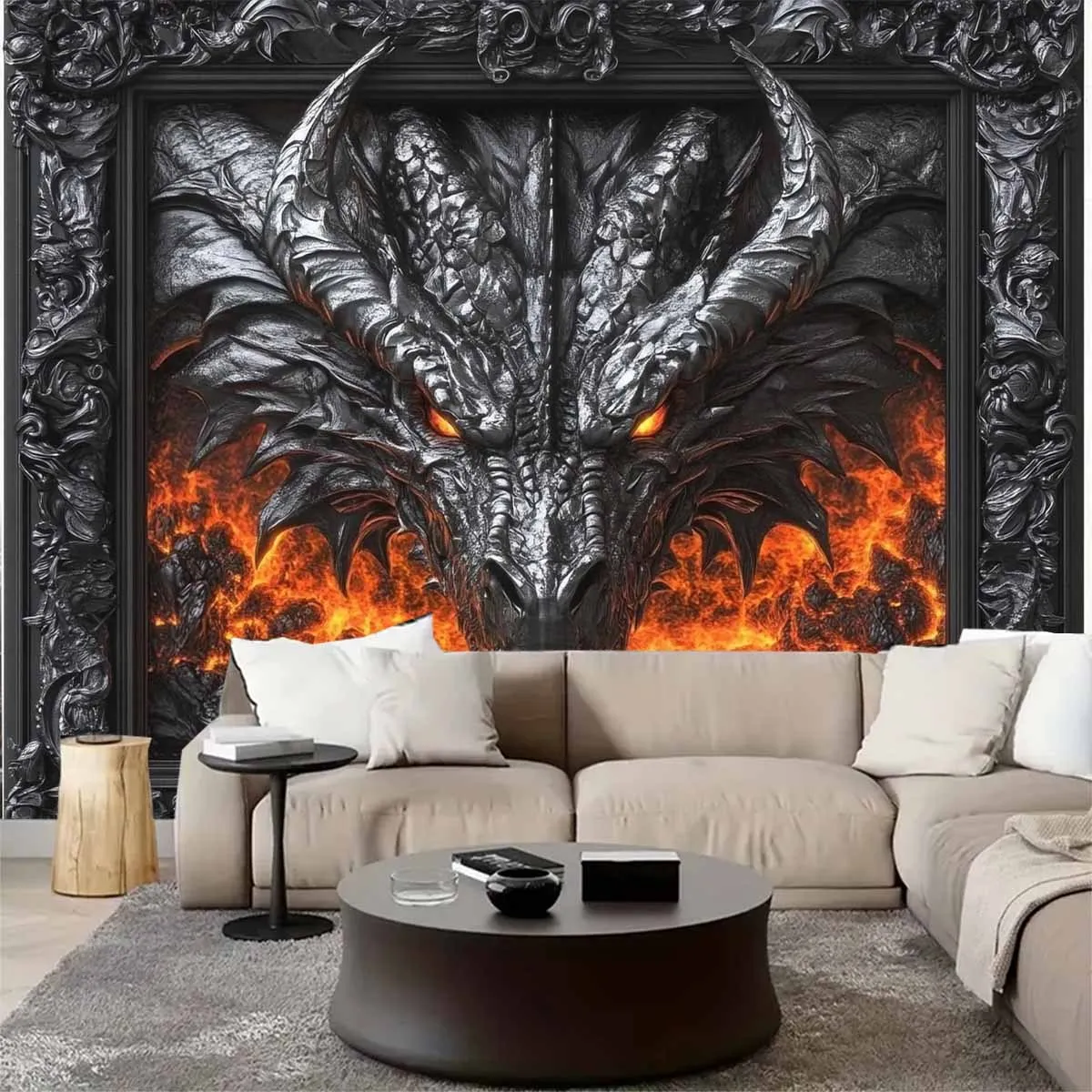 نسيج التنين الناري - مثالي لإضافة نمط القوطية والخيال إلى أي ديكور غرفة، مثالي للاستخدام المنزلي