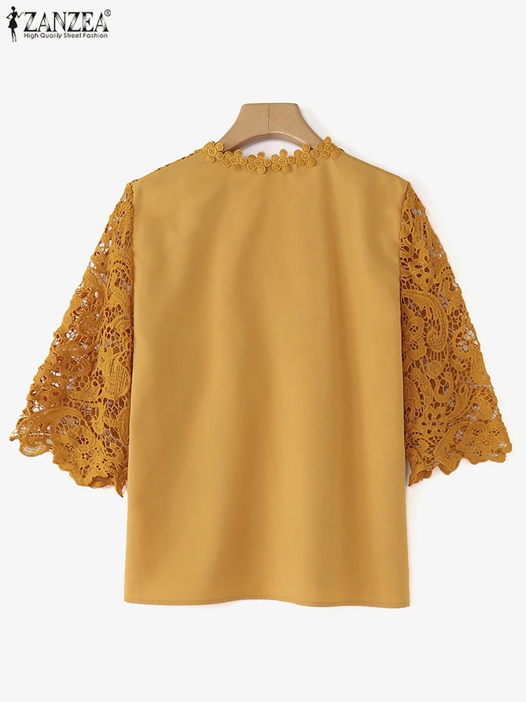 ZANZEA 2025 Mode Vrouwen Elegante Tops Herfst Patchwork Kanten Shirts V-hals 3/4 Mouw Casual Blouse Kantoor Dame Straat Blusas
