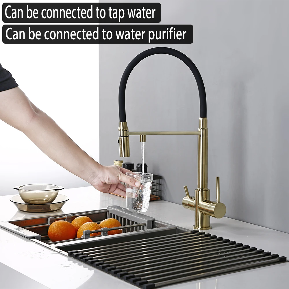 Brushed Gold Brass Pure Water Kitchen Faucet Dual Handle Hot and Cold Drinking Water 3-way Filter Kitchen Purified Mixer Taps