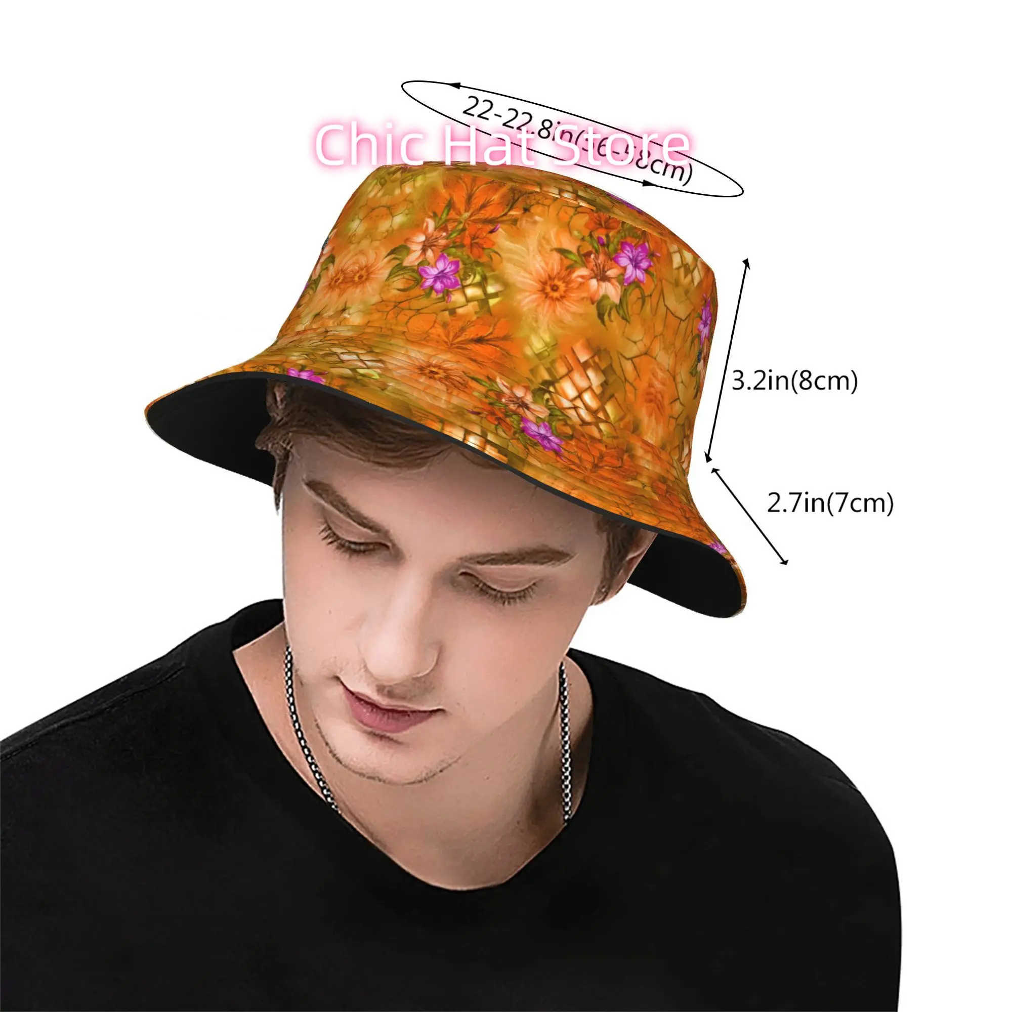 1pc Orange Floral Mosaic Pattern Fully Printed Fisherman Hat Beach Hat, Unisex Outdoor Sun Hats, Sun Hats, Fashionable Bucket