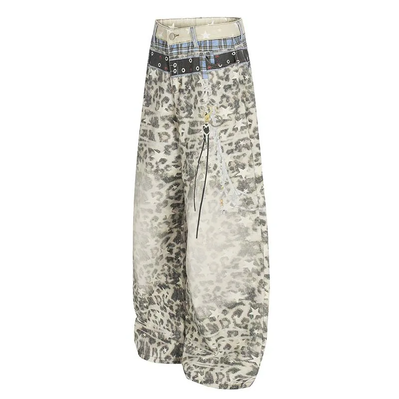 Men's Fashion Leopard Jeans Pants High Street Loose Fit Vibe Style Denim Trousers Streetwear Baggy Y2K Jeans For Male Printed